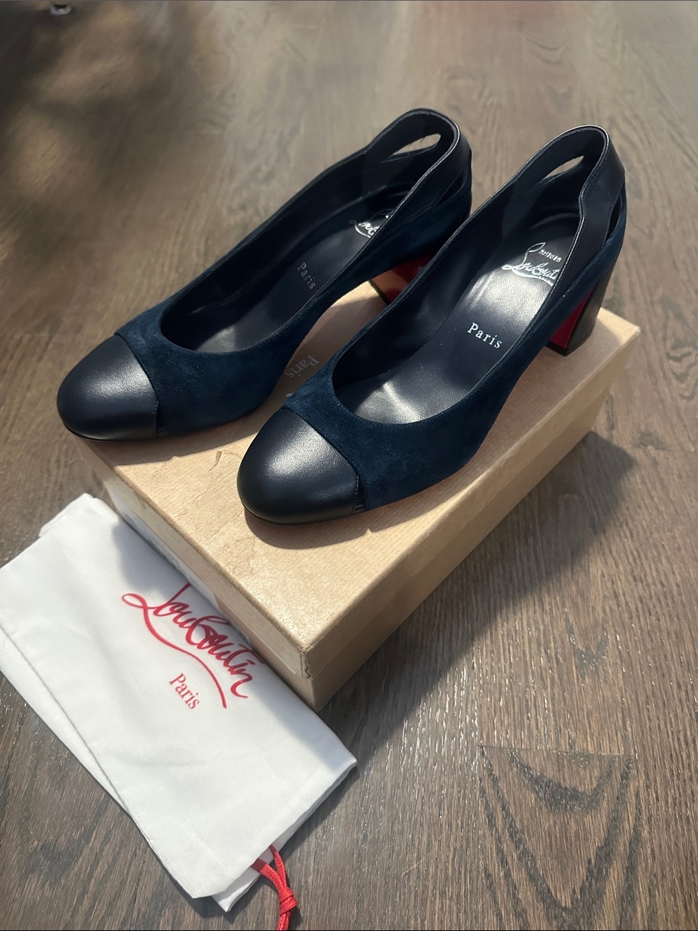 Christian Louboutin Navy Suede and Black Leather Slingback Pump - Picture 4 of 7